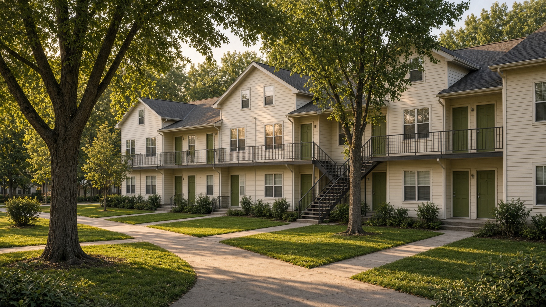 Two-story apartment buildings with shared walkways and exterior stairs.