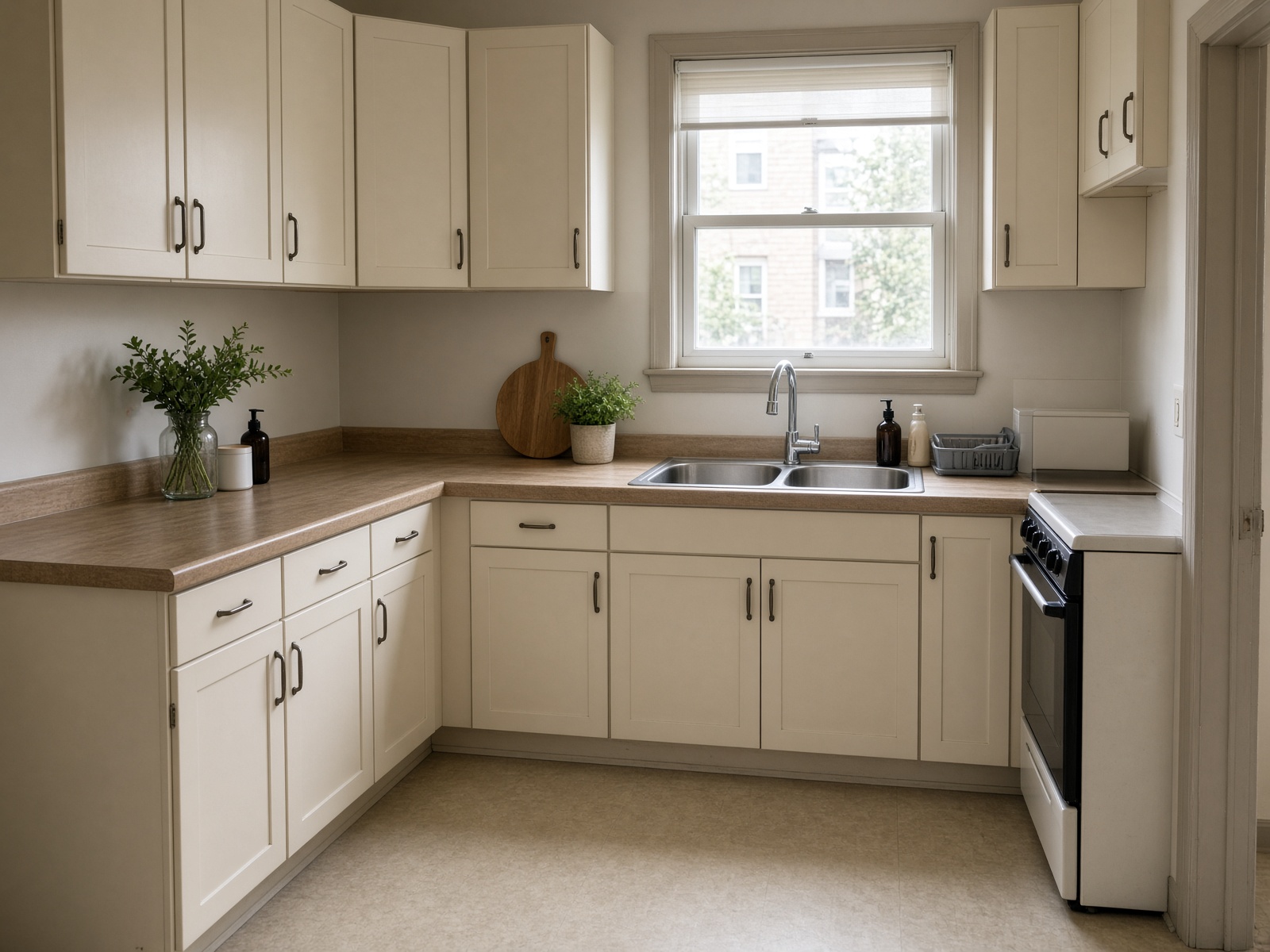 A compact apartment kitchen with cream cabinets and a window.